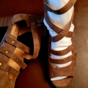 Journee Collection suede gladiator style heel sandals.